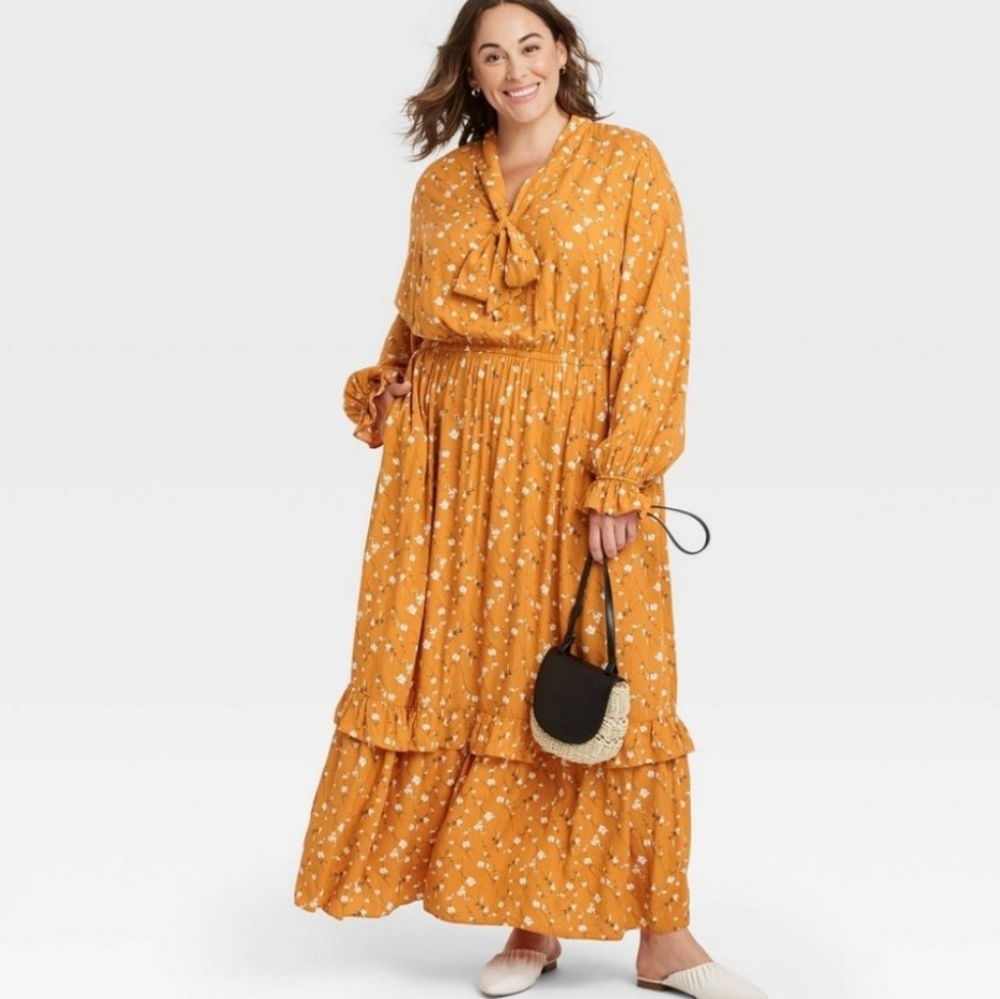 2X Mustard Flowy Maxi Dress w Pockets Neck Sash Ava & Viv Plus Size 2X NWOT
